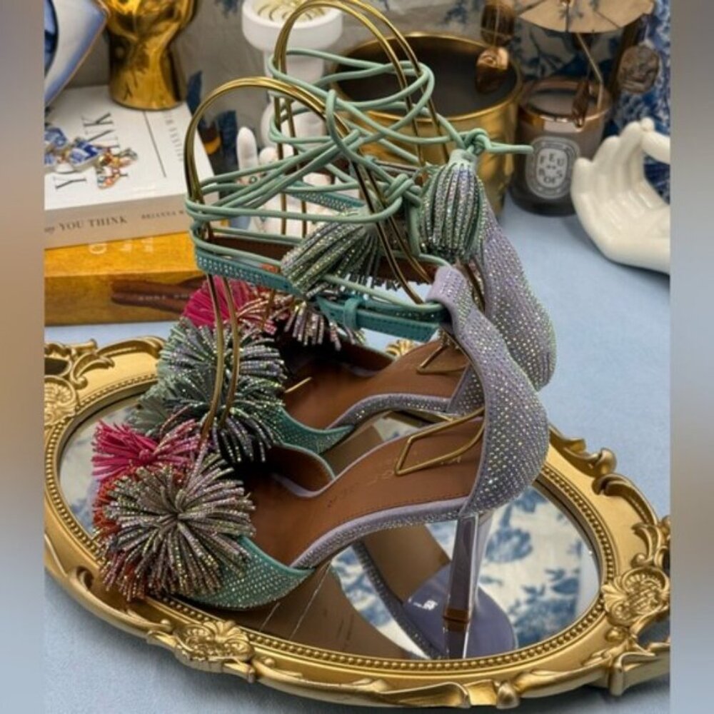 🆕 KURT GEIGER LONDON 🧿 NWOB Lilac & Teal Pom Pom Tie Ankle Heel, Sz 36 US 6 - Picture 9 of 15